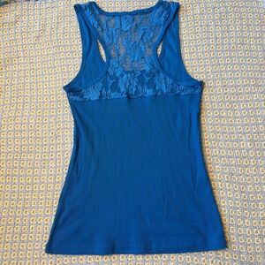 Girl Extraordinaire Blue Lace Racerback Tank Top Y2K Cotton Cami XL